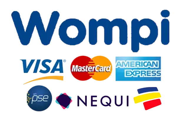 Logo de pasarela de pago wompi con el listado de medios de pago que maneja (Bancolombia, nequi, pse, visa, mastercard y american express)