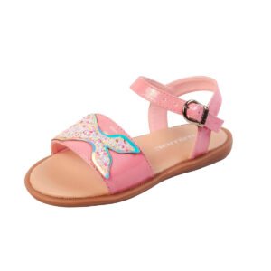 Sandalias rosas con diseño de sirena para niñas, hechas de material sintético.